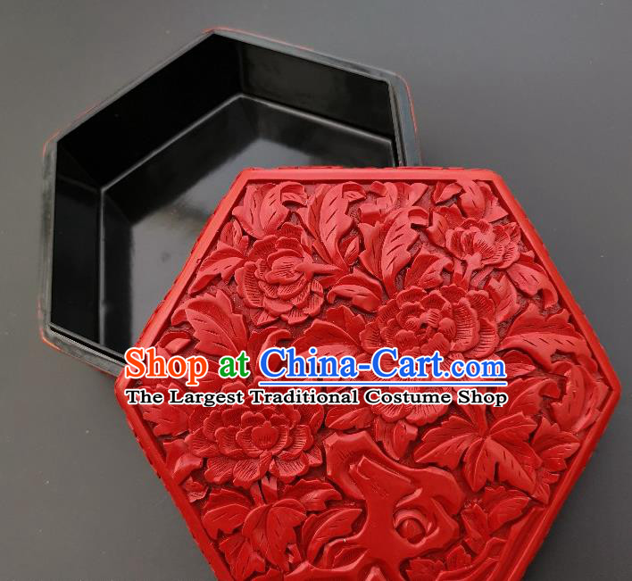 Chinese Handmade Carving Peony Lacquer Hexagon Inkpad Box Traditional Lacquerware Craft Wedding Red Rouge Box