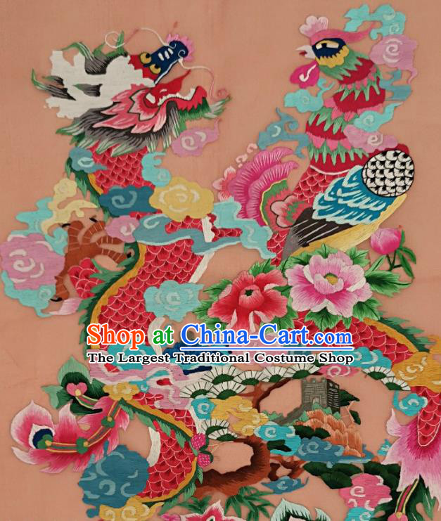 Chinese Traditional Embroidered Dragon Phoenix Painting Handmade Embroidery Craft Embroidering Orange Silk Decorative Wall Picture