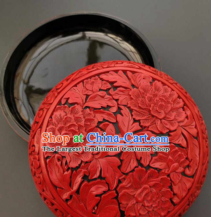 Chinese Handmade Carving Peony Round Lacquer Inkpad Box Traditional Lacquerware Craft Wedding Red Rouge Box