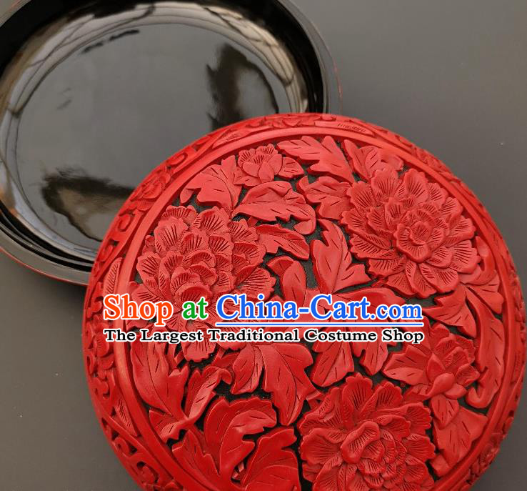 Chinese Handmade Carving Peony Round Lacquer Inkpad Box Traditional Lacquerware Craft Wedding Red Rouge Box