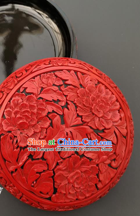 Chinese Handmade Carving Peony Round Lacquer Inkpad Box Traditional Lacquerware Craft Wedding Red Rouge Box