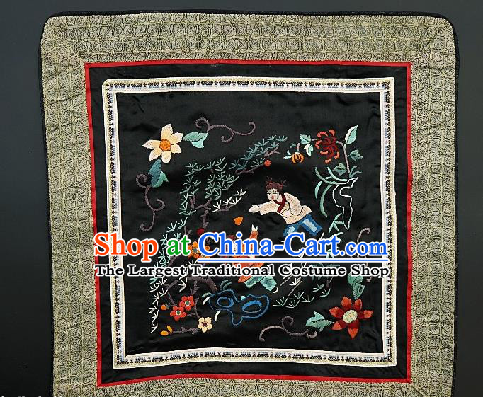 Chinese National Embroidered Black Paintings Traditional Handmade Embroidery Boys Craft Decorative White Silk Wall Picture