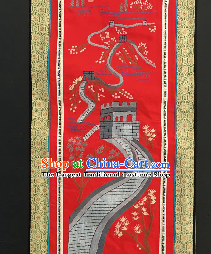 Chinese National Embroidered Pine Great Wall Paintings Traditional Handmade Embroidery Craft Decorative Red Silk Picture