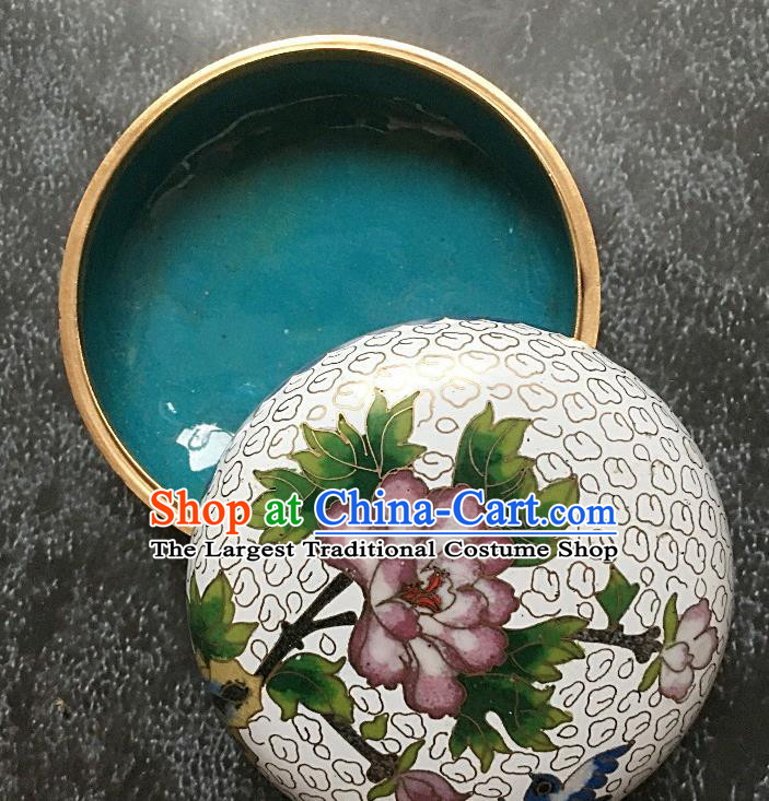 Chinese Traditional Cloisonne Peony Pattern Rouge Box Handmade Brass Craft Enamel White Inkpad Box Accessories