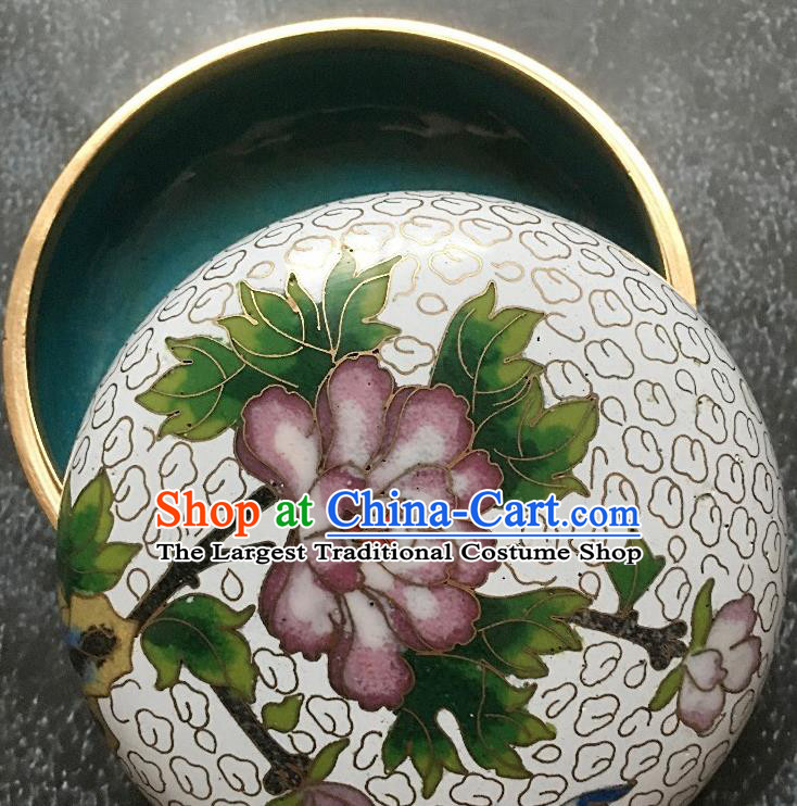 Chinese Traditional Cloisonne Peony Pattern Rouge Box Handmade Brass Craft Enamel White Inkpad Box Accessories