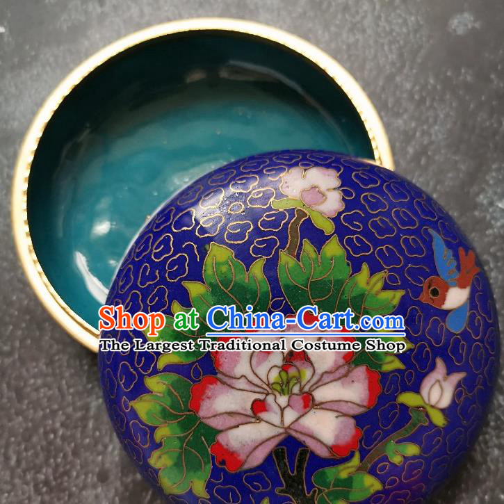 Chinese Traditional Cloisonne Peony Pattern Rouge Box Handmade Brass Craft Enamel Royalblue Inkpad Box Accessories