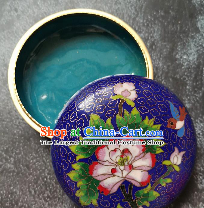 Chinese Traditional Cloisonne Peony Pattern Rouge Box Handmade Brass Craft Enamel Royalblue Inkpad Box Accessories