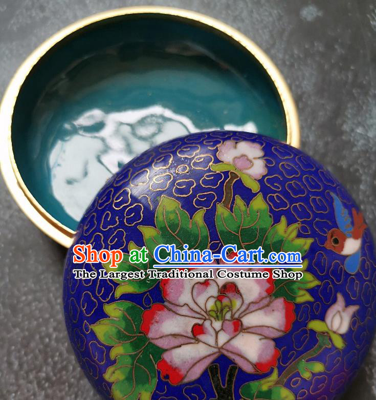 Chinese Traditional Cloisonne Peony Pattern Rouge Box Handmade Brass Craft Enamel Royalblue Inkpad Box Accessories