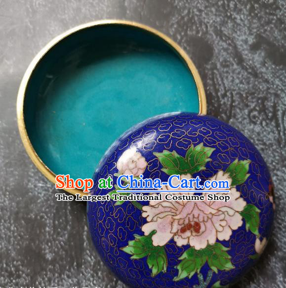 Chinese Traditional Enamel Royalblue Inkpad Box Accessories Cloisonne Peony Pattern Rouge Box Handmade Brass Craft