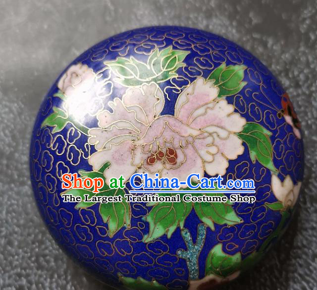 Chinese Traditional Enamel Royalblue Inkpad Box Accessories Cloisonne Peony Pattern Rouge Box Handmade Brass Craft