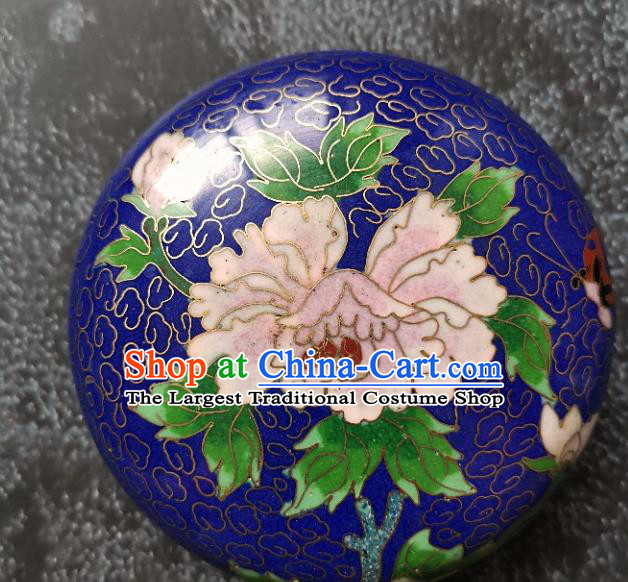 Chinese Traditional Enamel Royalblue Inkpad Box Accessories Cloisonne Peony Pattern Rouge Box Handmade Brass Craft