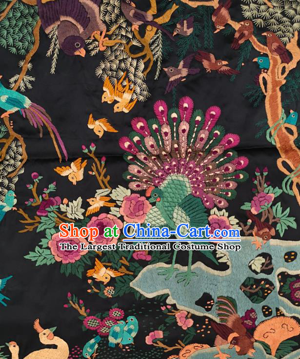 Traditional Chinese Embroidered Peacock Birds Fabric Hand Embroidering Dress Applique Embroidery Black Silk Patches Accessories