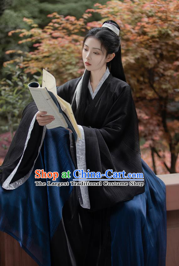 Chinese Jin Dynasty Scholar Childe Costumes Traditional Ancient Swordsman Hanfu Garment Navy Cloak Shirt and Skirt for Men