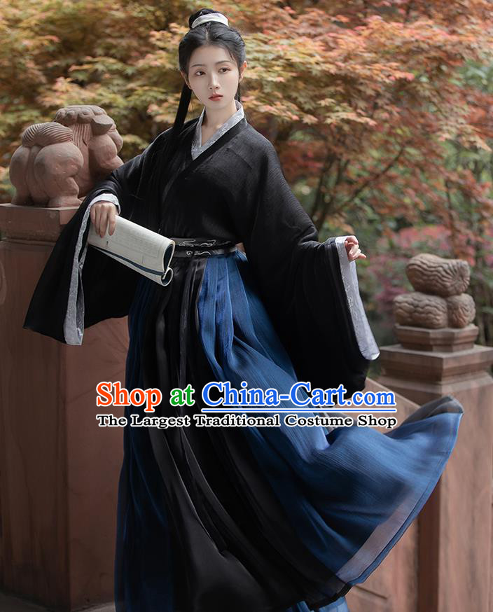 Chinese Jin Dynasty Scholar Childe Costumes Traditional Ancient Swordsman Hanfu Garment Navy Cloak Shirt and Skirt for Men