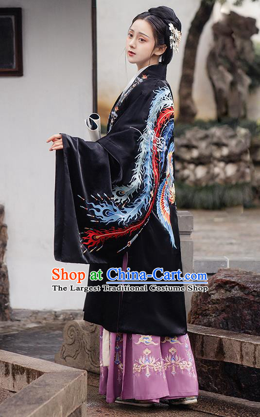 Chinese Ming Dynasty Empress Costumes Traditional Ancient Royal Queen Garment Hanfu Embroidered Black Cloak Blouse and Skirt Complete Set
