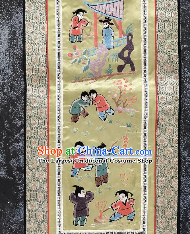 Chinese National Embroidered Eight Kids Paintings Traditional Handmade Embroidery Decorative Light Yellow Silk Picture Craft