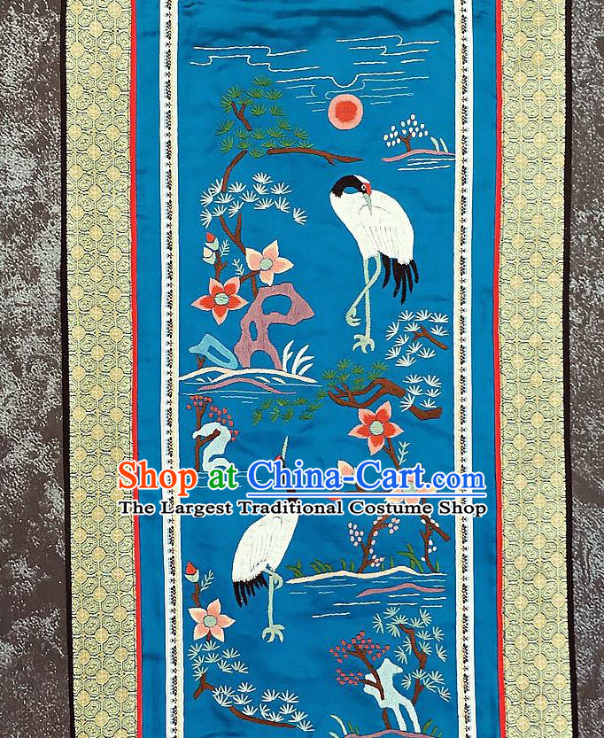 Chinese National Embroidered Pine Cranes Blue Silk Paintings Traditional Handmade Embroidery Decorative Picture Craft