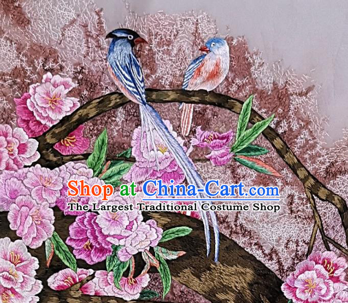 Traditional Chinese Embroidered Peach Flower Birds Fabric Hand Embroidering Dress Applique Embroidery Veil Patches Accessories