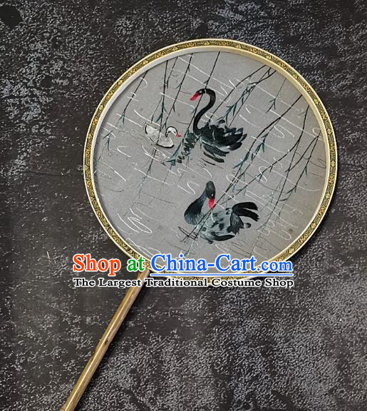 Chinese Traditional Embroidery Swan Palace Fans Handmade Mottled Bamboo Round Fan Embroidered Silk Craft