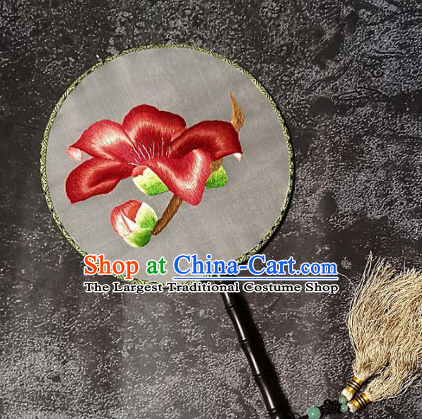 Chinese Traditional Embroidery Palace Fans Handmade Round Fan Embroidered Red Flower Silk Fan Craft