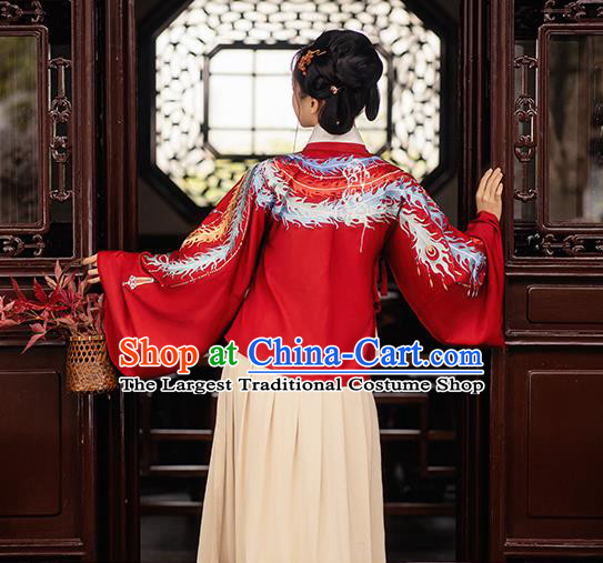 Chinese Ming Dynasty Royal Empress Embroidered Red Costumes Traditional Ancient Court Woman Garment Hanfu Cloak Blouse and Skirt Full Set