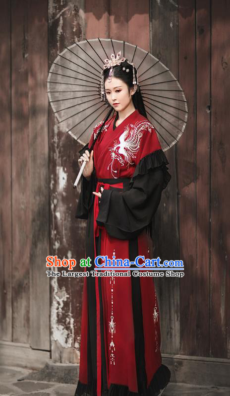 Chinese Jin Dynasty Royal Princess Embroidered Costumes Traditional Ancient Swordswoman Garment Hanfu Dress Red Blouse and Skirt Full Set