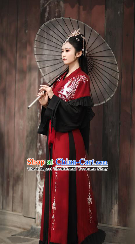 Chinese Jin Dynasty Royal Princess Embroidered Costumes Traditional Ancient Swordswoman Garment Hanfu Dress Red Blouse and Skirt Full Set