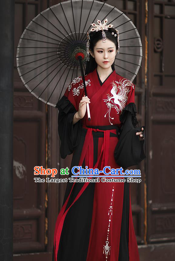 Chinese Jin Dynasty Royal Princess Embroidered Costumes Traditional Ancient Swordswoman Garment Hanfu Dress Red Blouse and Skirt Full Set