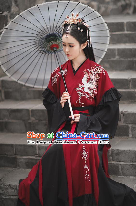 Chinese Jin Dynasty Royal Princess Embroidered Costumes Traditional Ancient Swordswoman Garment Hanfu Dress Red Blouse and Skirt Full Set