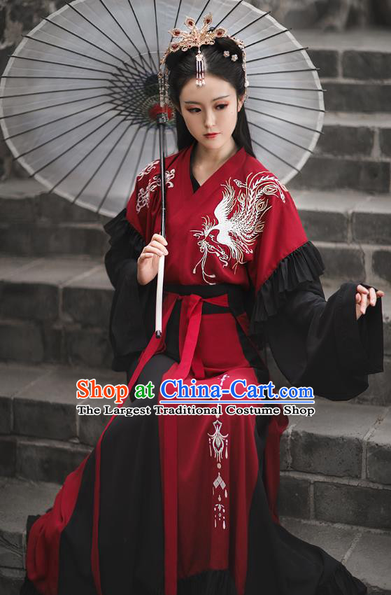 Chinese Jin Dynasty Royal Princess Embroidered Costumes Traditional Ancient Swordswoman Garment Hanfu Dress Red Blouse and Skirt Full Set