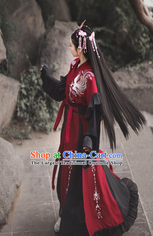 Chinese Jin Dynasty Royal Princess Embroidered Costumes Traditional Ancient Swordswoman Garment Hanfu Dress Red Blouse and Skirt Full Set