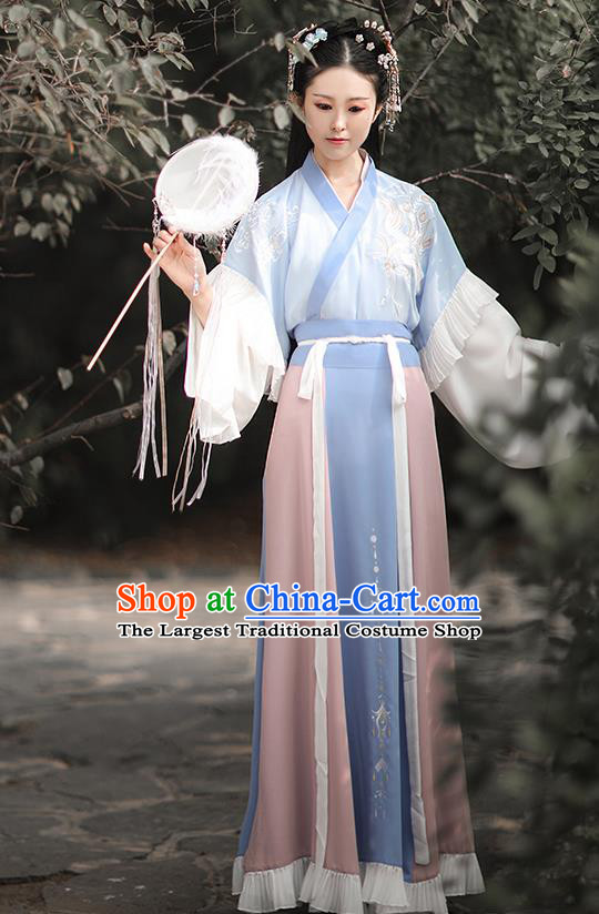 Traditional Chinese Jin Dynasty Embroidered Costumes Ancient Royal Princess Hanfu Dress Blue Half Sleeve Garment Blouse and Skirt Complete Set
