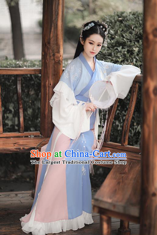 Traditional Chinese Jin Dynasty Embroidered Costumes Ancient Royal Princess Hanfu Dress Blue Half Sleeve Garment Blouse and Skirt Complete Set