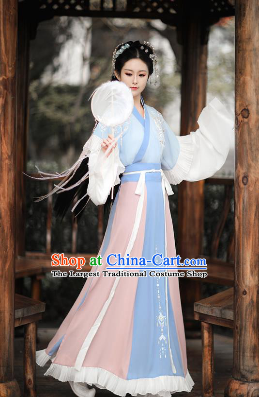 Traditional Chinese Jin Dynasty Embroidered Costumes Ancient Royal Princess Hanfu Dress Blue Half Sleeve Garment Blouse and Skirt Complete Set