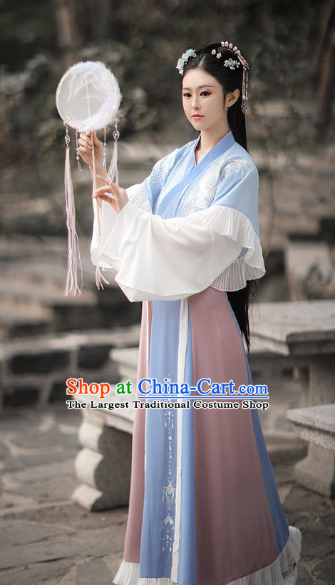 Traditional Chinese Jin Dynasty Embroidered Costumes Ancient Royal Princess Hanfu Dress Blue Half Sleeve Garment Blouse and Skirt Complete Set