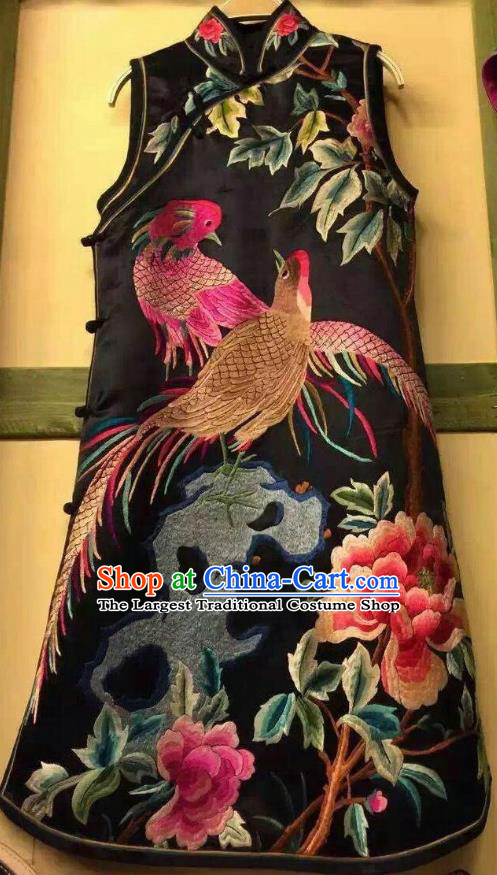 Traditional Chinese Embroidered Golden Pheasant Peony Cheongsam National Costume Republic of China Stand Collar Qipao Dress for Women