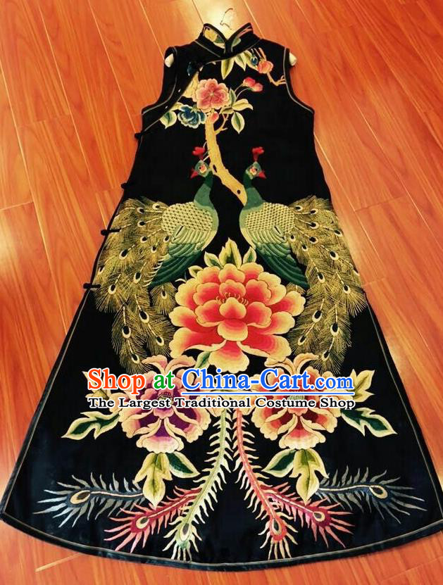 Traditional Chinese Embroidered Peony Peacock Cheongsam National Costume Republic of China Stand Collar Qipao Dress for Women
