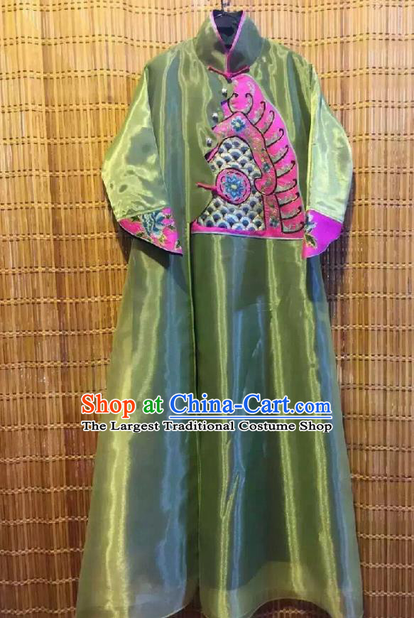 Traditional Chinese Embroidered Green Organza Cheongsam National Costume Republic of China Stand Collar Qipao Dress for Women
