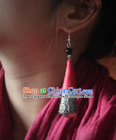 Chinese Handmade Miao Nationality Embroidered Red Earrings Traditional Minority Ethnic Jewelry Ear Accessories for Women