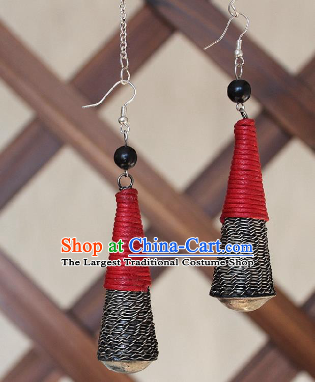 Chinese Handmade Miao Nationality Embroidered Red Earrings Traditional Minority Ethnic Jewelry Ear Accessories for Women