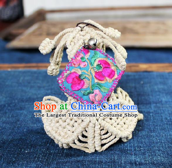 Chinese Handmade Miao Ethnic Embroidered Sennit Accessories Traditional Minority Stage Show Silver Bell Bracelet for Women