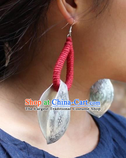 Chinese Handmade Miao Nationality Silver Carving Earrings Traditional Minority Ethnic Ear Accessories for Women
