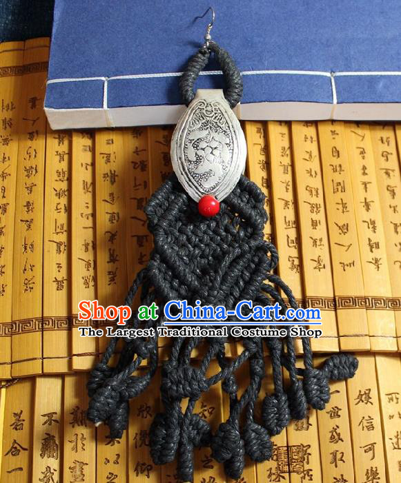 Chinese Handmade Miao Nationality Silver Carving Earrings Traditional Minority Ethnic Black Sennit Ear Accessories for Women