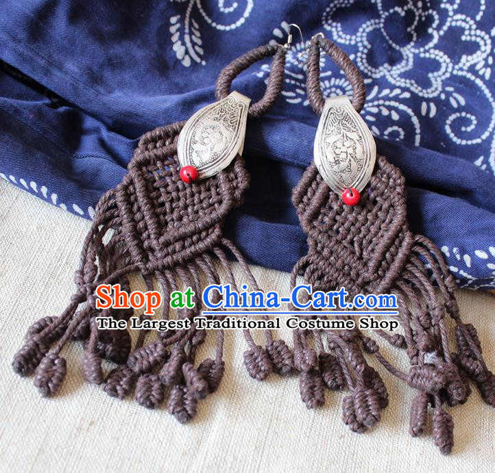 Chinese Handmade Miao Nationality Silver Carving Earrings Traditional Minority Ethnic Brown Sennit Ear Accessories for Women
