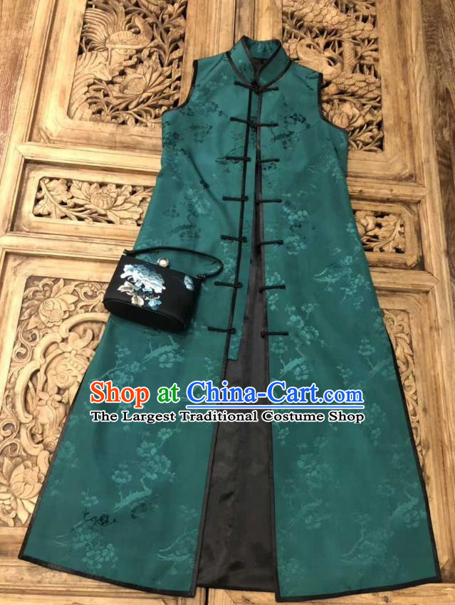 Traditional Chinese Green Silk Long Vest National Costume Republic of China Stand Collar Dress for Women