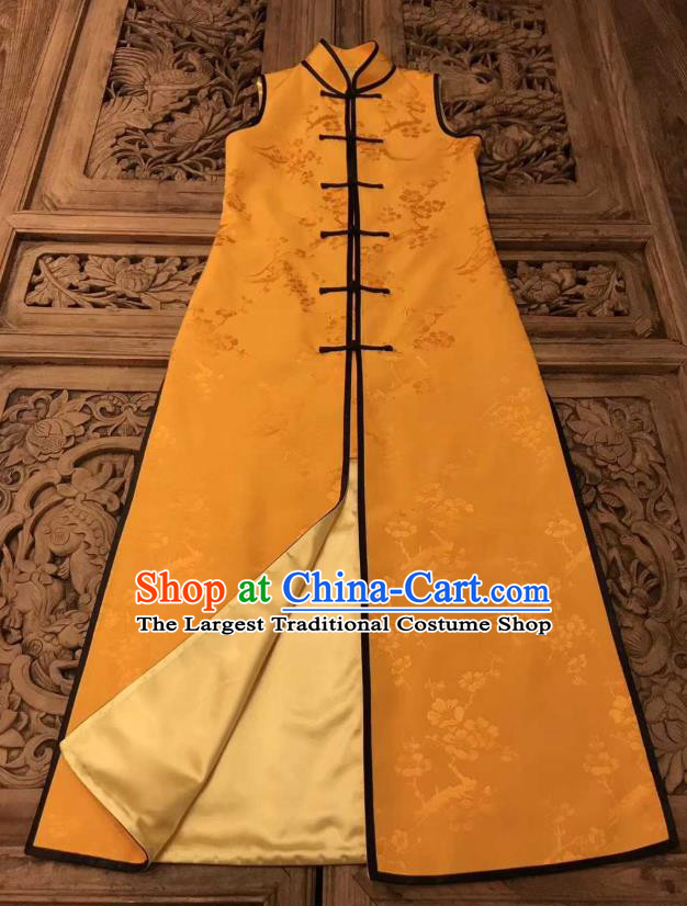 Traditional Chinese Yellow Silk Long Vest National Costume Republic of China Stand Collar Dress for Women