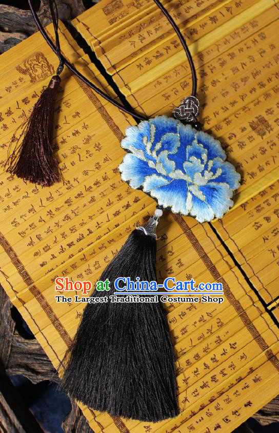 Chinese Handmade Miao Nationality Embroidered Peony Necklet Accessories Traditional Minority Ethnic Black Tassel Necklace for Women