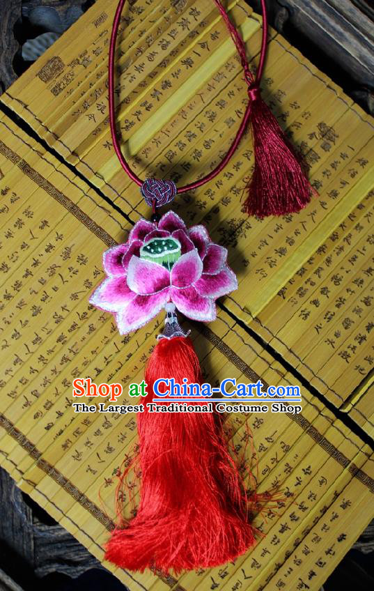 Chinese Handmade Miao Nationality Embroidered Lotus Necklet Accessories Traditional Minority Ethnic Red Tassel Necklace for Women
