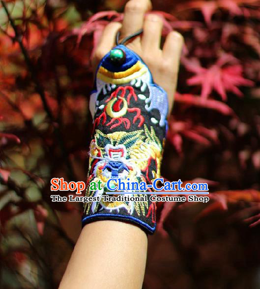 Chinese Handmade Miao Ethnic Embroidered Tiger Black Wristband Accessories Traditional Minority Bracelet Cloth Bangle for Women