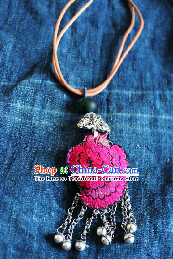 Chinese Handmade Miao Nationality Embroidered Jewelry Accessories Traditional Minority Ethnic Bells Tassel Necklace for Women